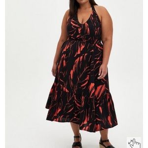 HALTER SKATER MINI DRESS - CHALLIS BLACK LEAF